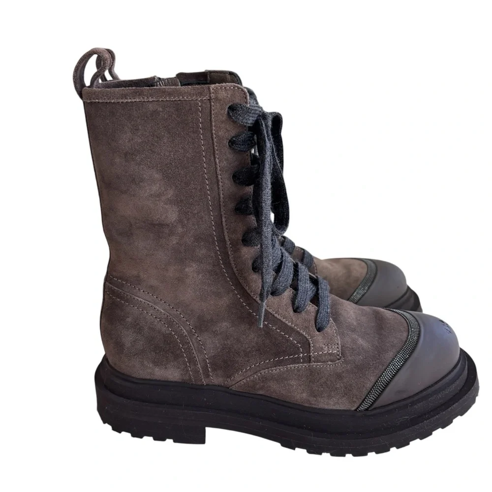 BRUNELLO CUCINELLI Brown Suede Boots with Monil Chain Sz 37